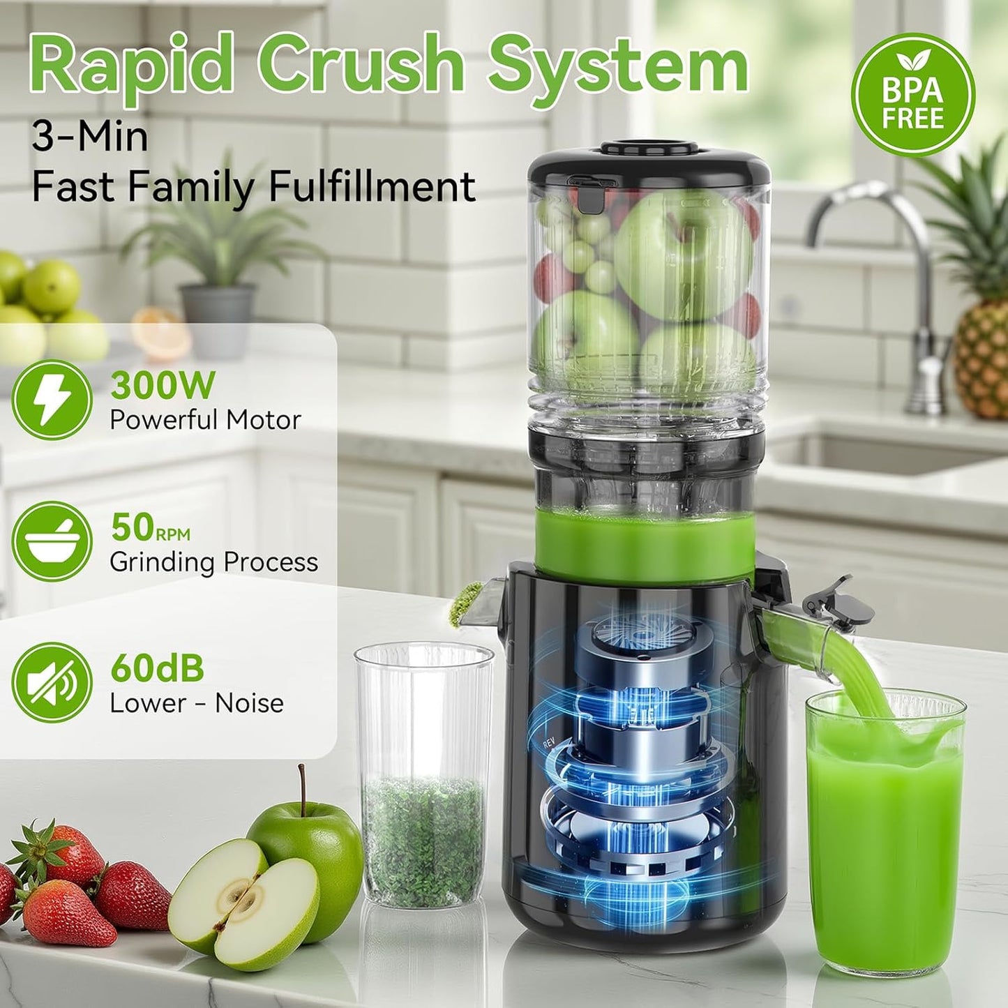 Cold Press Juicer - 5.3" Large Feed Chute Juicer Machines for Whole Vegetables & Fruits, 99% High Juice Yield, Quiet & Easy to Clean Slow Masticating Juicer, BPA-Free, Preserves More Nutrients (Black)
