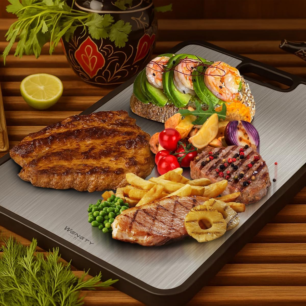 Titanium Cutting Boards for Kitchen, Double Sided Food-Grade Pure Titanium&Wheat Straw PP, Non-Toxic, Non-Slip, Dishwasher Safe, Ideal for Meat, Vegetables, Fruit 15.8 x 11''