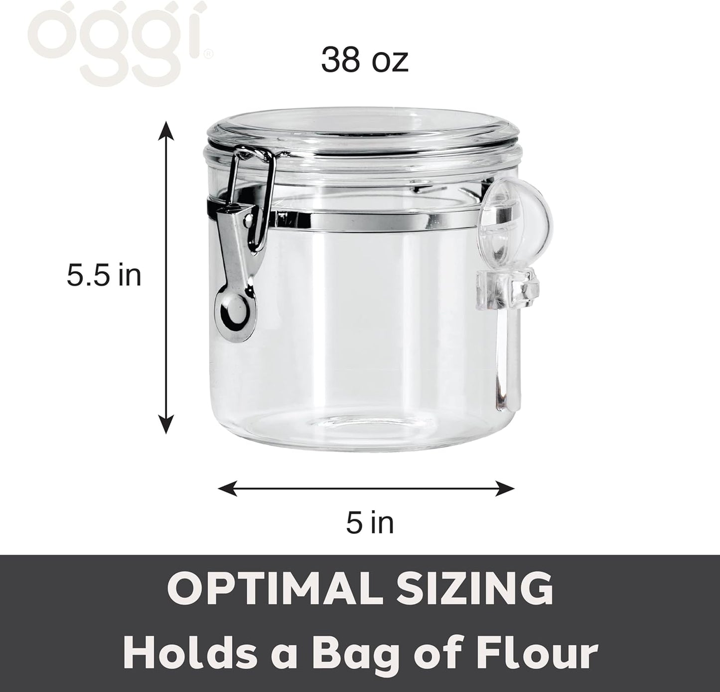 OGGI Clear Canister Airtight 38oz - Clamp Lid & Spoon - Airtight Food Storage Containers, Ideal for Kitchen & Pantry Storage of Bulk, Dry Food Including Flour, Sugar, Coffee, Rice, Tea, Spices & Herbs