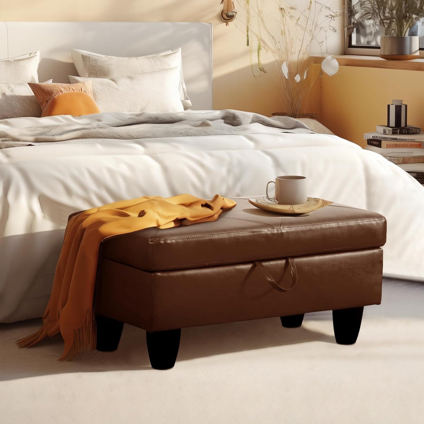 Ottoman Rectangular Storage Ottoman Bench, Faux Leather Footrest, Coffee Table, Stool Footstool with Hinged Lid for Living Room, Bedroom, Entryway, Brown, 28.5"x19"x17.5"