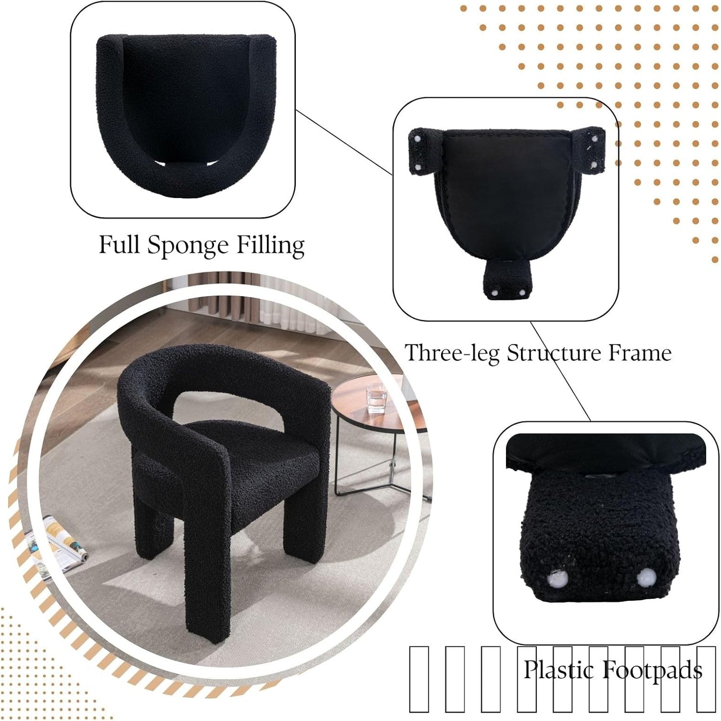 Black Sherpa Dining Chairs Set of 4, Modern Barrel Dining Room Chairs Upholstered Faux Fur Accent Chair with Arms and Round Back for Living Room Kitchen Armchair No Assembly Needed