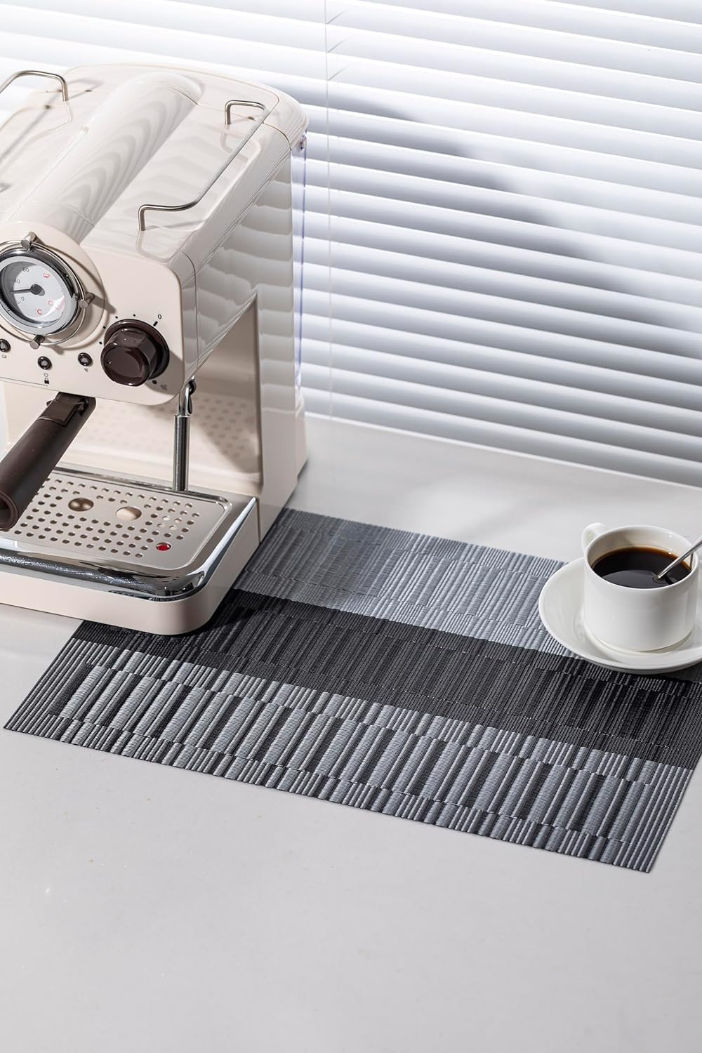 LEXMORE PlaceMats Set of 12 Vinyl/Plastic Woven Place Mats for Kitchen Table Indoor/Outdoor Washable PlaceMat Wipeable Dining Table Mats(Silver Gray Black)