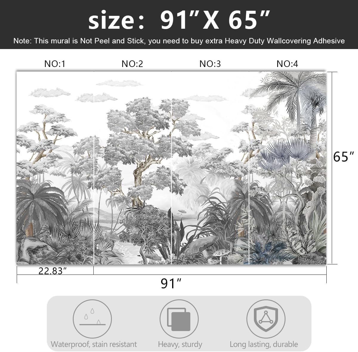 -Tropical Rainforest Botanical Grey Jungle Forest Fabric Wallpaper Living Room Palm Leaf Plant Bedroom Bathroom Wall Mural- 91"x65"( not Peel and Stick)
