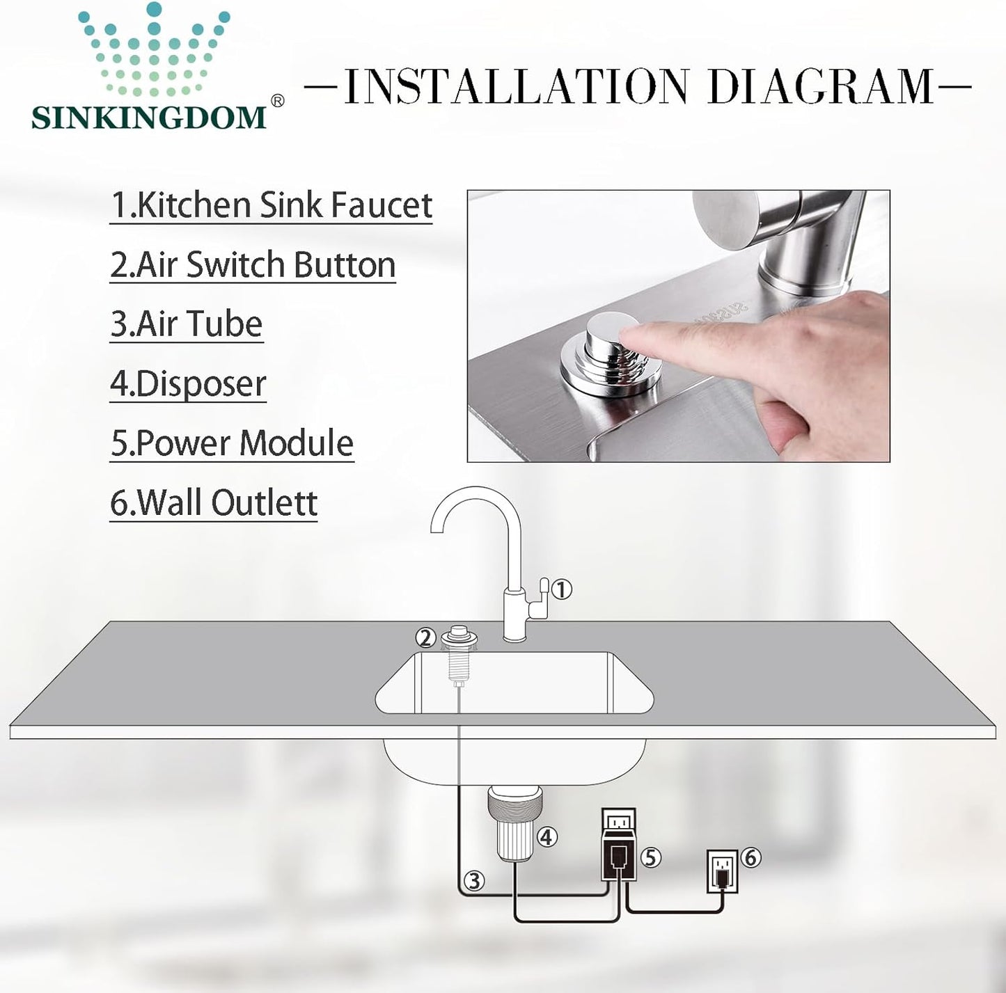 SinkTop Air Switch Kit (Long Full Brass Button) for Garbage Disposal, Cordless Chrome