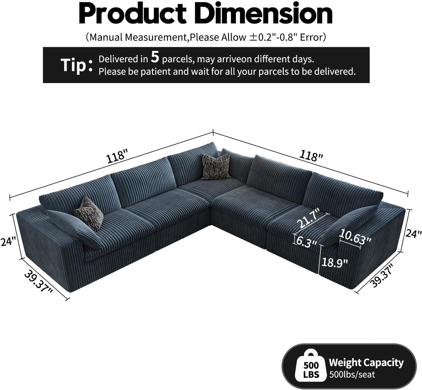118" Cloud Couch Oversized Modular Sectional Sofa for Living Room,Modern Sofa with Deep Seat,V Shaped Boneless Couch,Comfy Upholstered Corduroy Couches for Apartment, Studio, Office,Bedroom,Blue