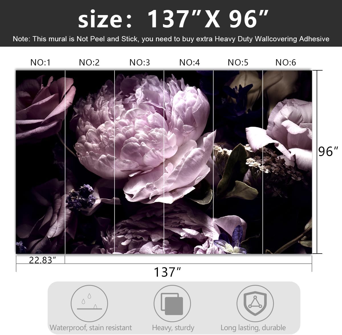-Black Peony Purple Floral Botanical Fabric Wallpaper Living Room Bedroom Bathroom Dark Flowers Large Wall Mural- 137"x96"( not Peel and Stick)