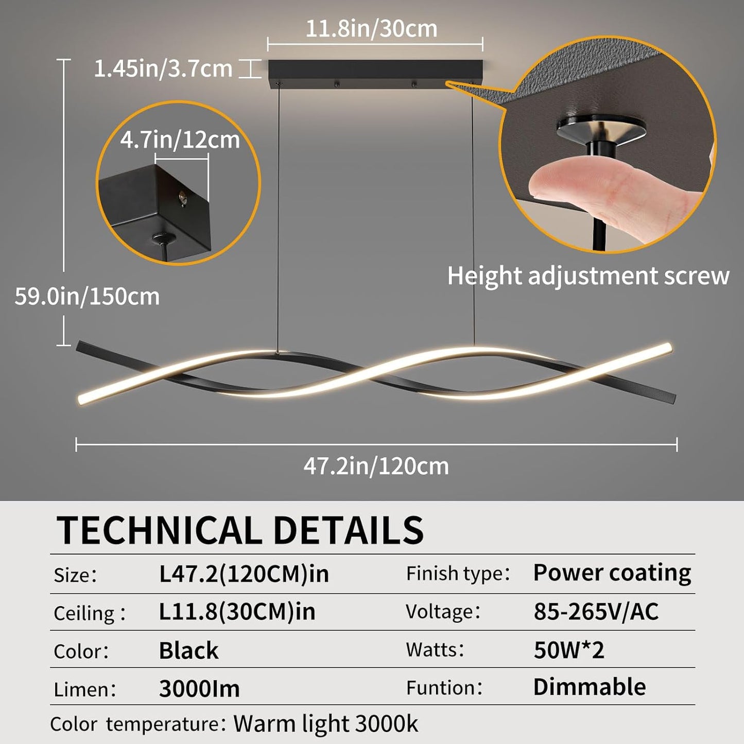 Modern Ceiling Chandelier Light, Acrylic Anti Flicker Pendant Lamp with Remote Control Dimmable 3 Color Mode & Brightness (Warm Cool Neutral Light) for Kitchen Bar Walnut