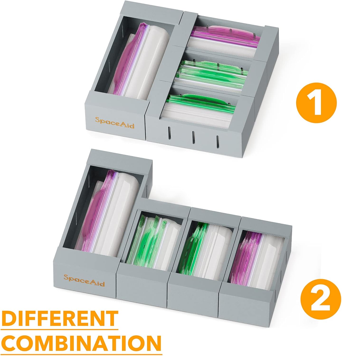 SpaceAid Bag Storage Organizer for Kitchen Drawer, Bamboo Organizer, Compatible with Gallon, Quart, Sandwich and Snack Variety Size Bag (4 Pack), Gray