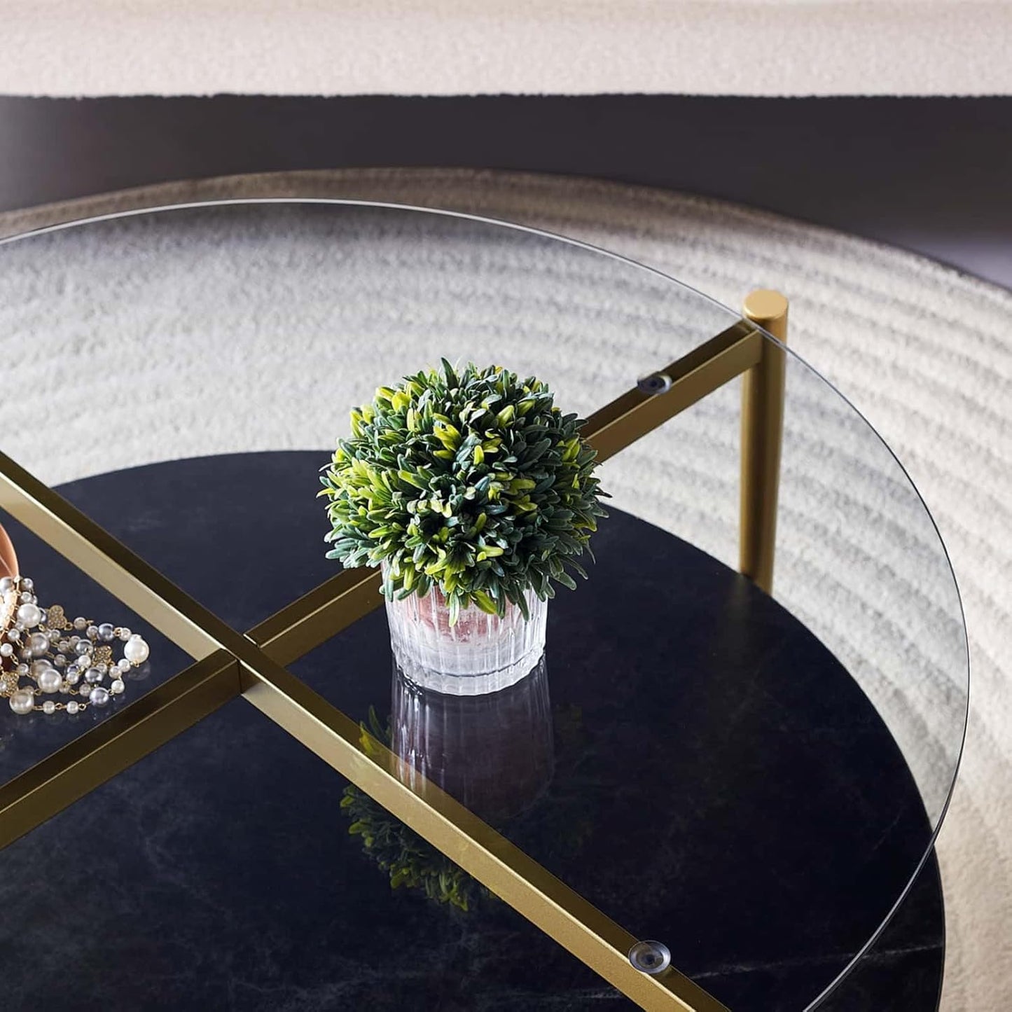 Round Coffee Table for Living Room, Mid-Century Modern Design, D30 x H17, 2-Tier Structure, Grey Glass Top and Black Marble Finish Wood Shelf, Sleek Conical Metal Legs with Gold Finish Frame