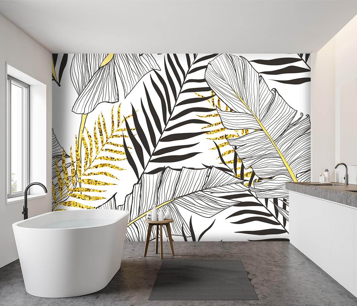 -Black and Gold Tropical Botanical Banana Leaf Fabric Wallpaper Living Room Bedroom Bathroom Abstract Plant Wall Mural- 91"x65"( not Peel and Stick)