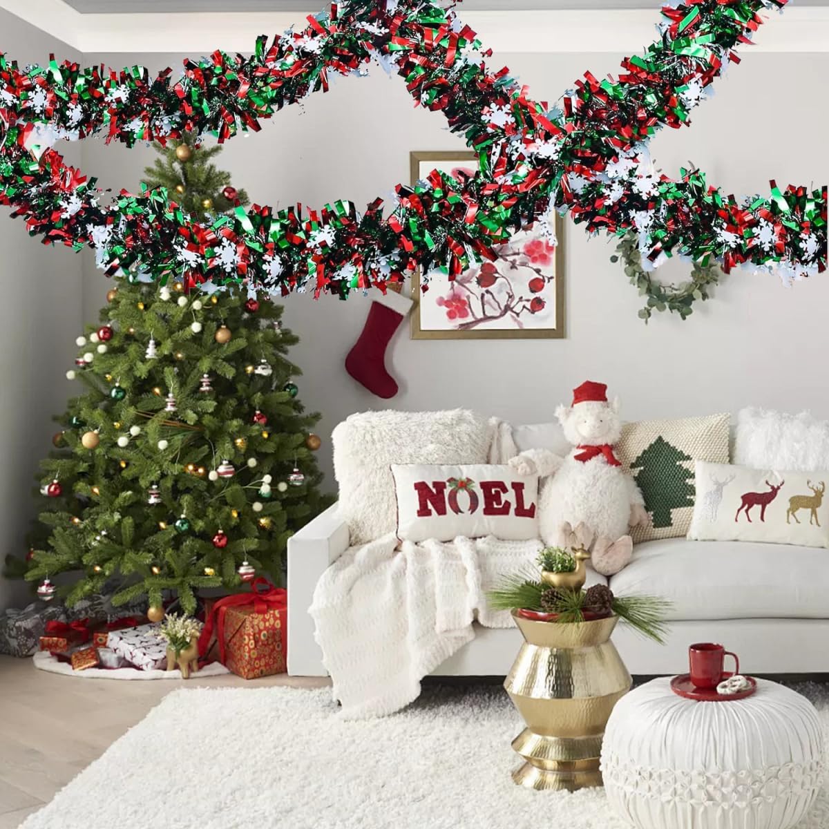 50 Feet Green Red Christmas Metallic Tinsel Twist Hanging Garland with Snowflake for Home Mantle Xmas Tree Staircase Railing New Year Holiday Party Indoor Outdoor Decorations(2 Pcs)