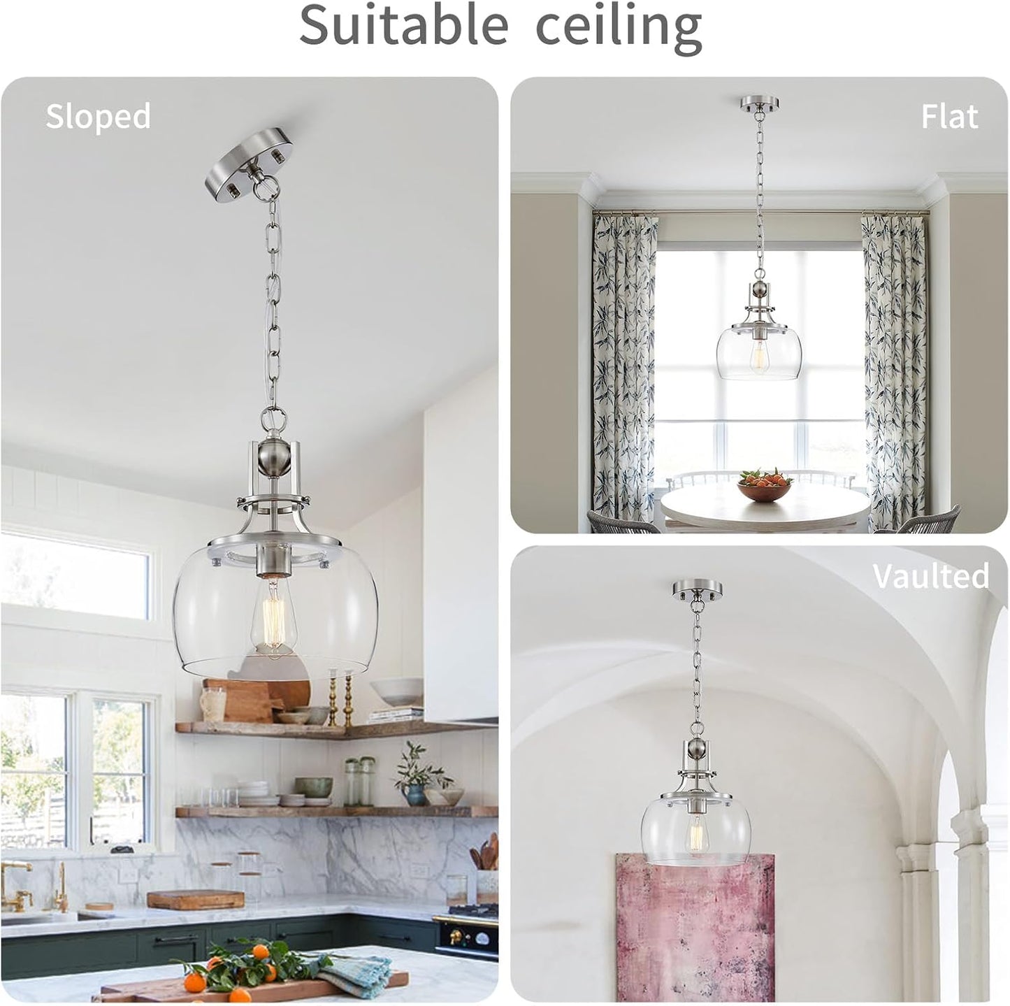 WUZUPS Chandelier Rustic Farmhouse Industrial Round Ceiling Pendant LED Light Fixture with Clear Glass Shades for Dining Room Kitchen Island Foyer Entryway, H 13" x W 10", E26 Base, Brushed Nickel