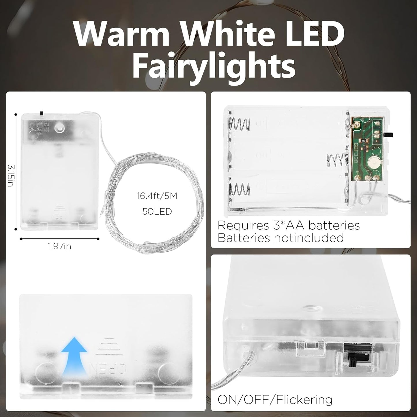 Fairy Lights Battery Operated String Lights 16.4ft 50LED Flashing and Constant Light Waterproof Silver Wire for Christmas DIY Party Bedroom Wedding (White, 2 Pack)