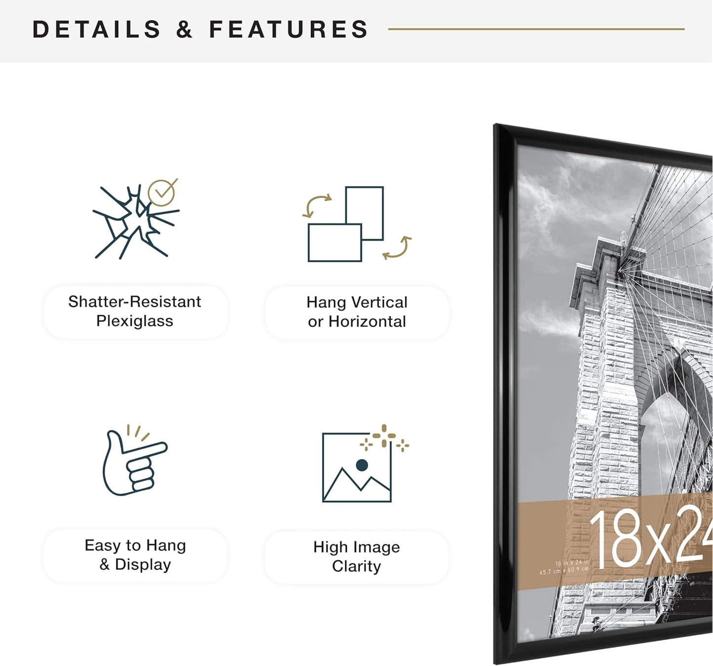 MCS Trendsetter 18x24 Poster Frame Black High-Gloss, Vertical & Horizontal Wall Hanging Large Picture Frame for Photos, Posters & Art Prints (1-Pack)