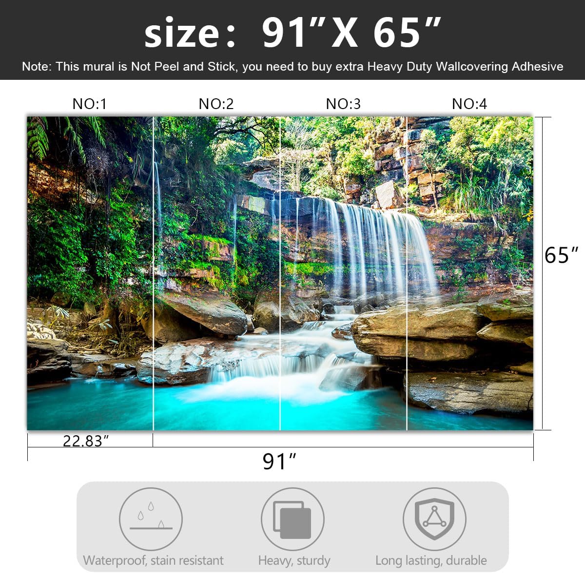 -Green Lake Waterfall Scenery Fabric Wallpaper Living Room Woodland Forest Mountain Bedroom Bathroom Wall Mural- 91"x65"( not Peel and Stick)
