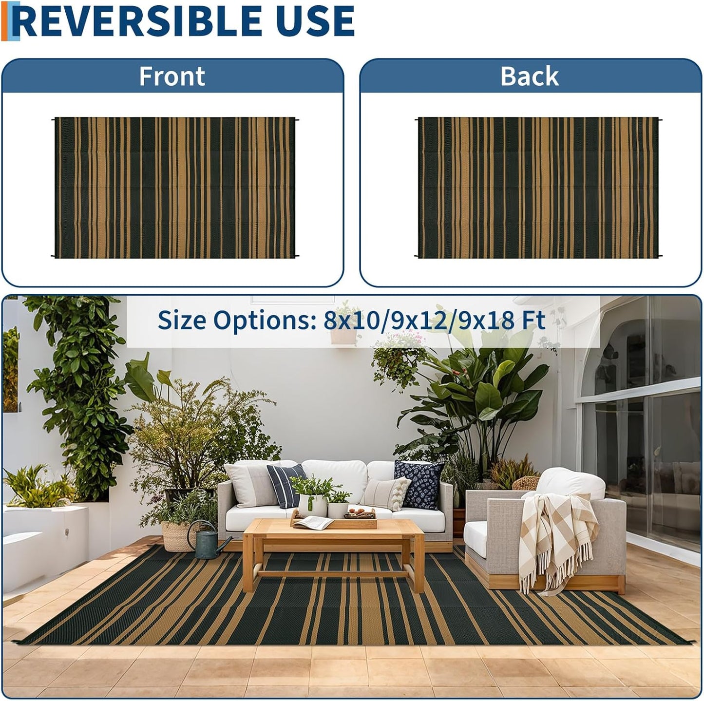 Outdoor Plastic Straw Rug 9x18 Waterproof Outside Rug, Large Modern Striped Reversible Floor Mats, Foldable & Lightweight Camping Carpet for Patio, Porch, Deck, Backyard, Balcony, Black Brown