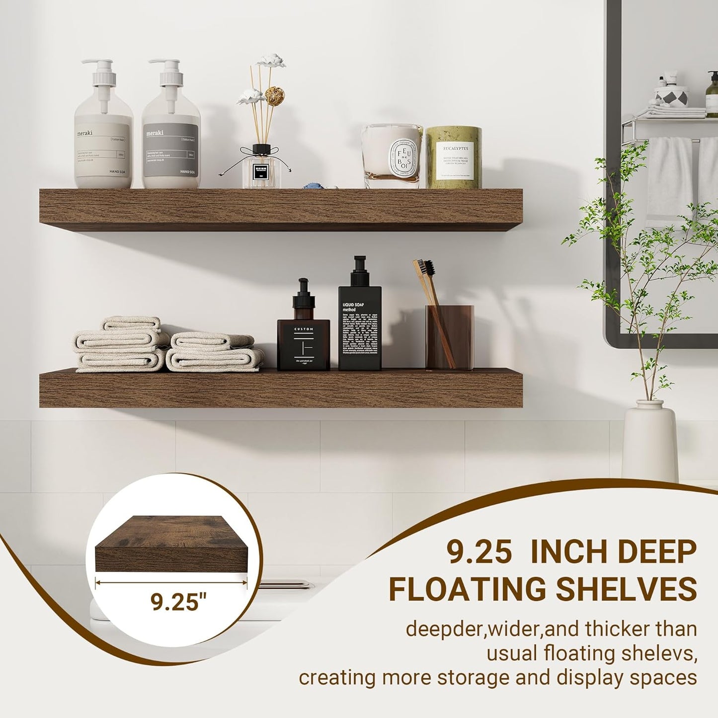 24 Inch Floating Shelves, 24"x9.25"x1.5" Inch Deep Floating Shelves for Wall, Wooden Shelves for Bathroom, Bedroom, Living Room, Brown