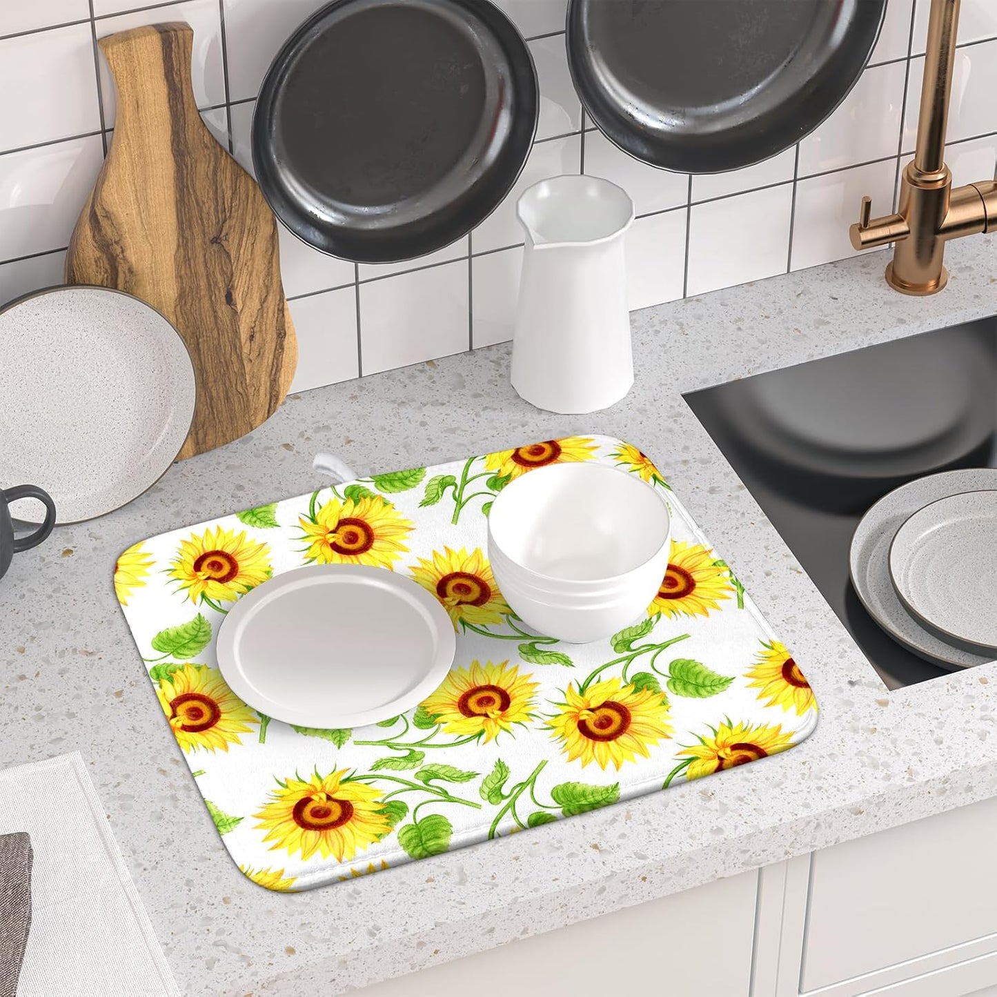 Sunflower Dish Drying Mat for Kitchen Counter Spring Summer FLoral Seasonal Absorbent Reversible Microfiber Kitchen Countertop Protector Dishes Pad Small 16x18 inch