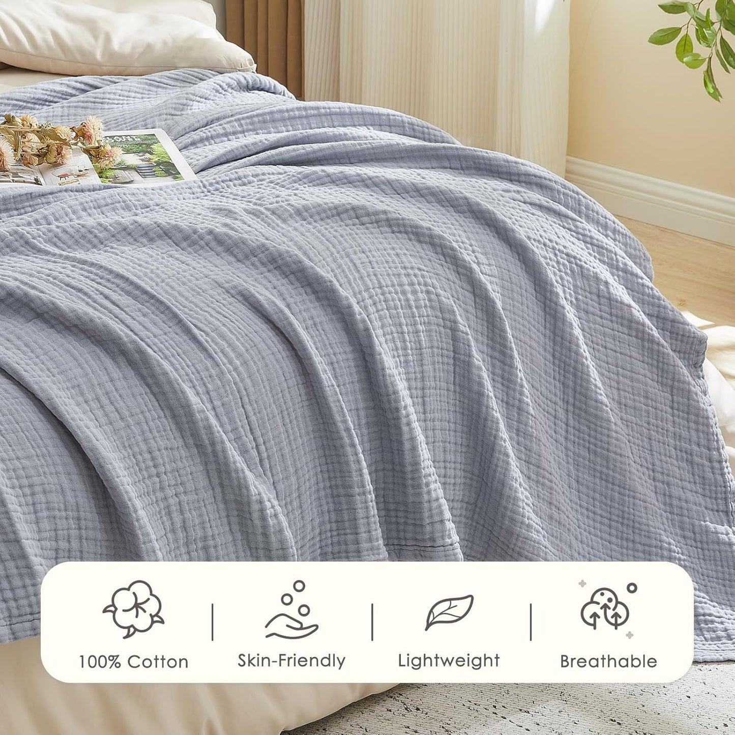 EMME Cotton Muslin Throw Blanket Couch Breathable Gauze Blanket Soft Lightweight Blankets Adults (Dusty Blue, 50"x60")