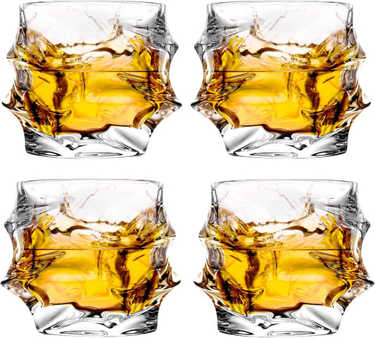 12 oz Hand Blown Crystal Whiskey Glasses Set of 4, Unique Cognac Glass, Heavy Thick Bottom Bar Glass for Scotch Bourbon Rum Gin Water Cocktail,Gifts Men Gifts Ideas