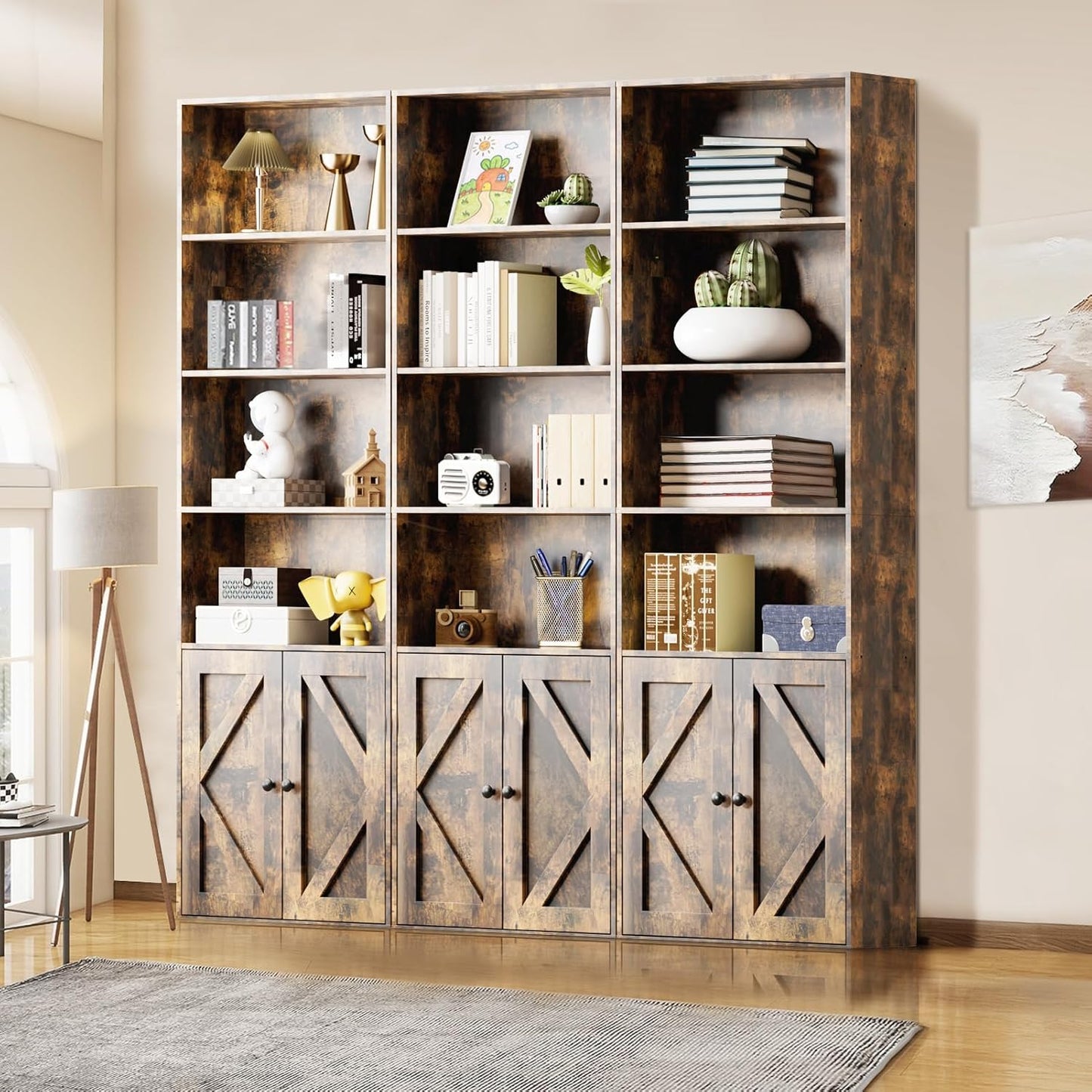 Tall Brown Wooden Bookshelf with Cabinet and Doors – 70.86" Bookcase with Doors, 6 Shelf Freestanding Tall Book Shelf for Living Room Storage, Bedroom, Home Office Organization – Brown Bookcase Wood