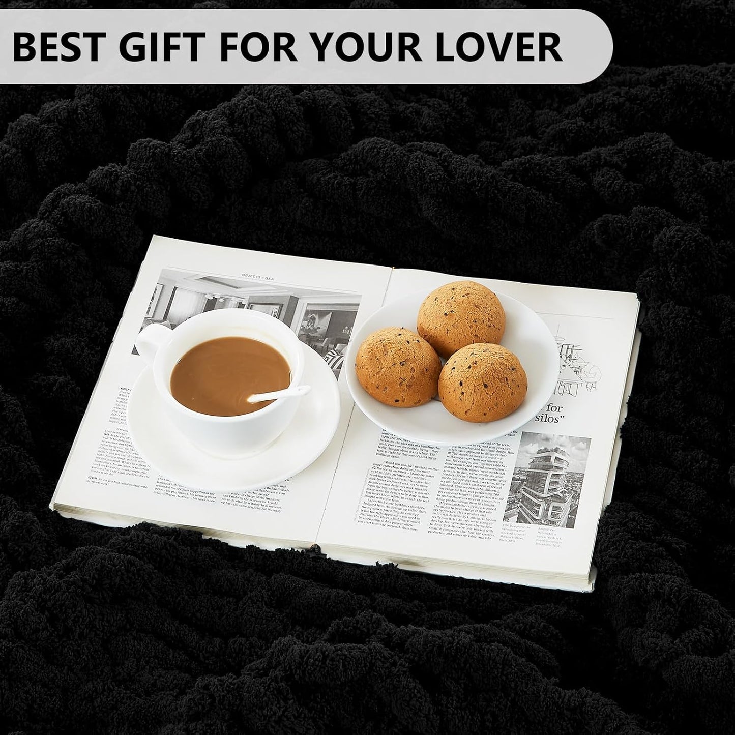 L'AGRATY Chunky Knit Blanket Throw: Soft Chenille Yarn Throw Blanket 50x60 - Handmade Thick Cable Crochet Blanket - Large Chunky Rope Throw Blanket for Couch Sofa Bed Home Decor(Black)