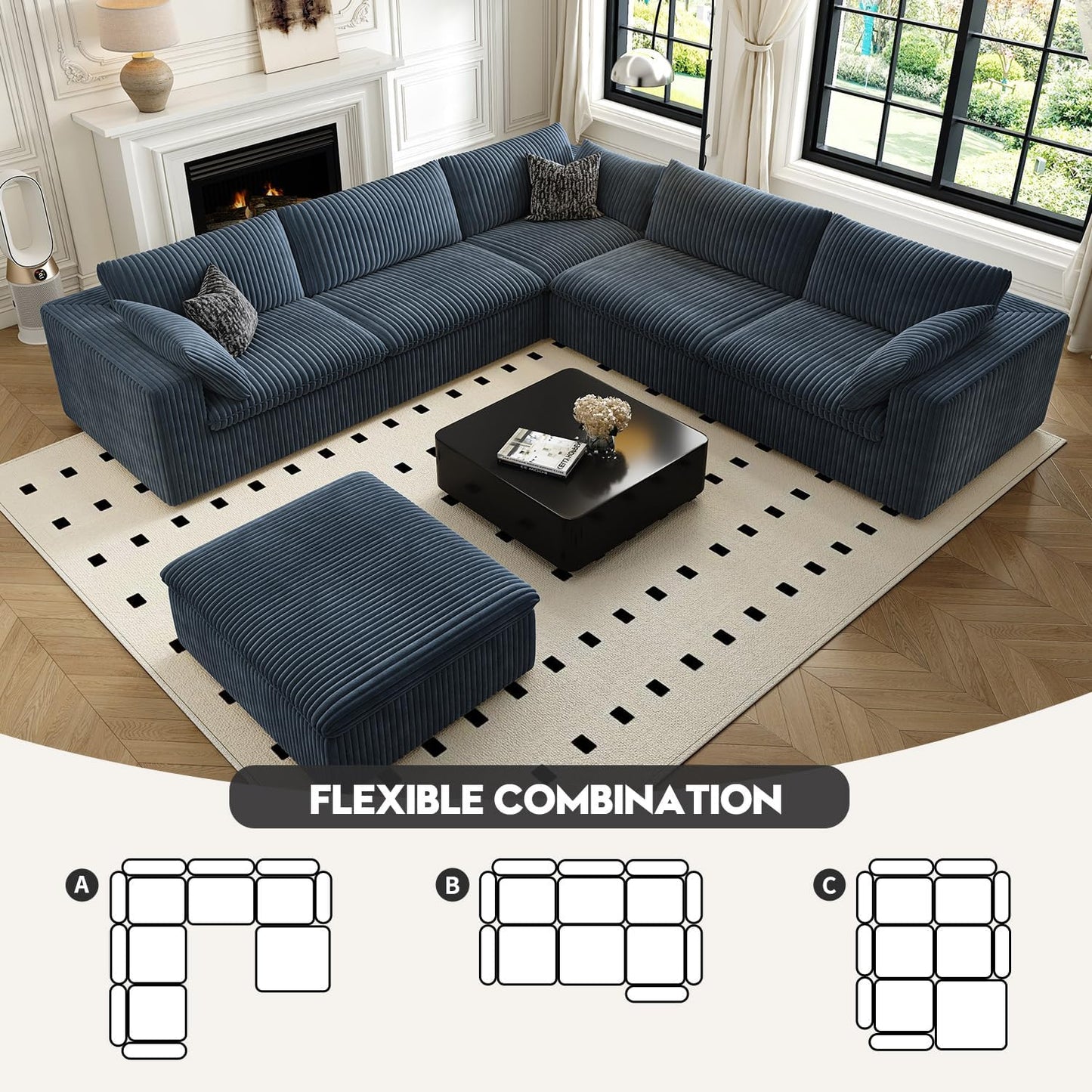 118" Cloud Couch Oversized Modular Sectional Sofa for Living Room,Modern Sofa with Deep Seat,6 Seater Boneless Couch,Comfy Upholstered Corduroy Couches for Apartment, Studio, Office,Bedroom,Blue