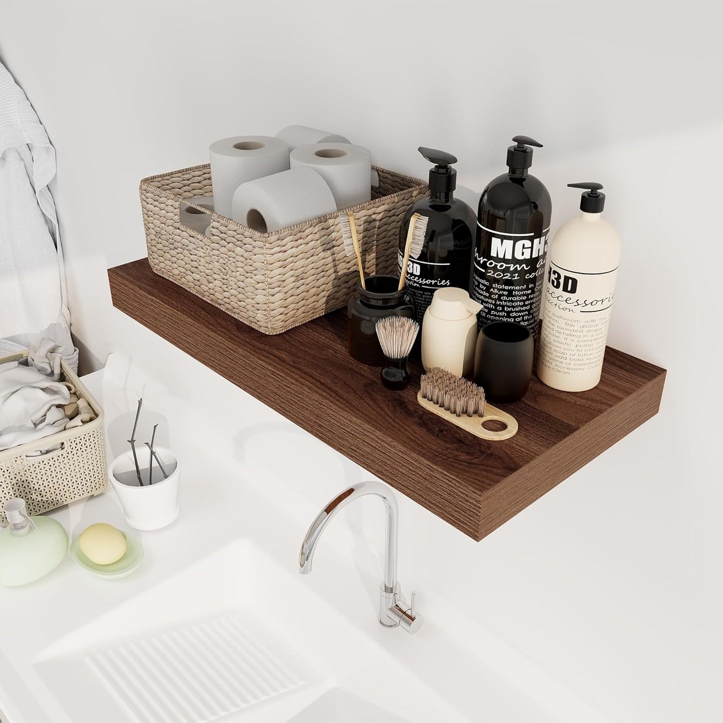 12 Inch Deep Floating Shelves, 24 x 12 Floating Shelf for Books, Rustic Wood Deep Wall Shelves for Home Storage & Display, 2" Thicked Shelves for Kitchen, Living Room, Bedroom, Walnut Color, 1 Pack