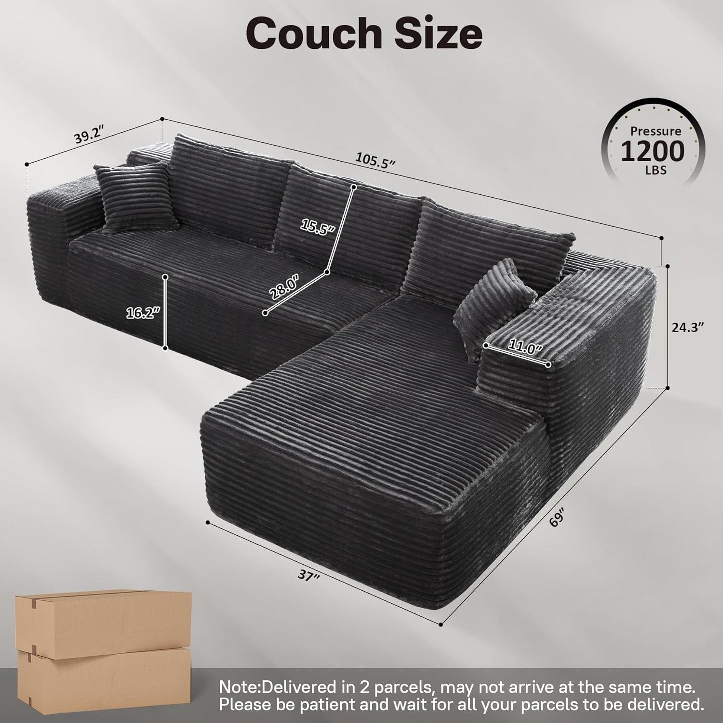 106" Cloud Sectional Couches for Living Room,Plush Corduroy Boneless Couch with Comfy Chaise,L Shaped Sofa in A Box No Assembly Require,Grey