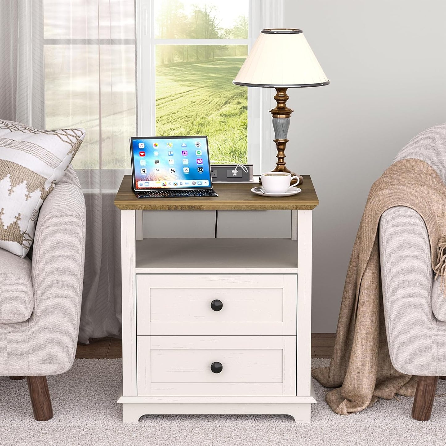 HIFYOBRO End Table with Flip Top Charging Station and 2 Drawers, Type-C & USB Port & Power outlets, Wooden Storage Cabinet, Large Side Table with Storage for Living Room and Bedroom (White)