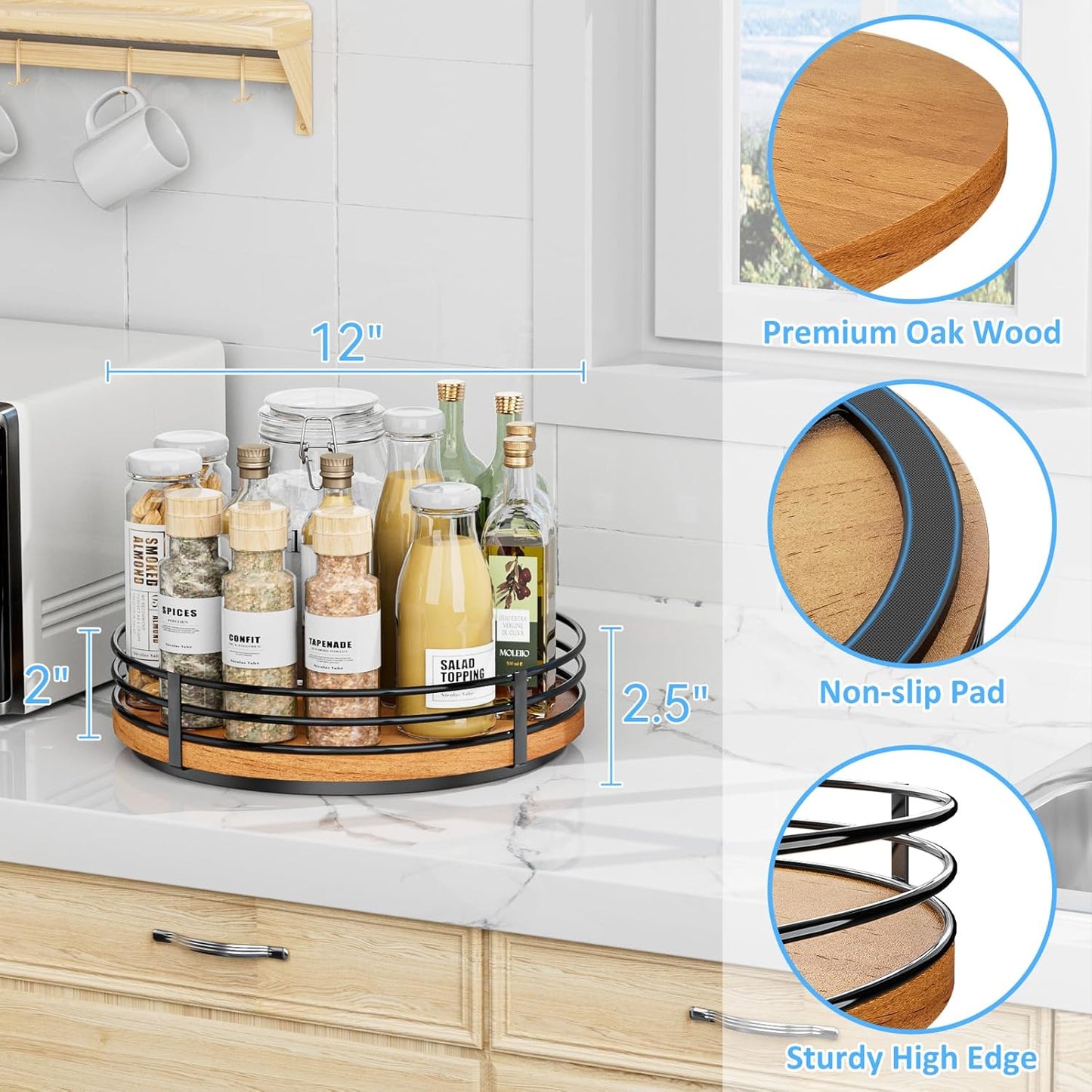 12" Lazy Susan Turntable Organizer - Oak Wood Lazy Susan for Cabinet Kitchen Countertop Dining Table Pantry Cupboard Bathroom Coffee Bar Storage Spice Rack Home Decor