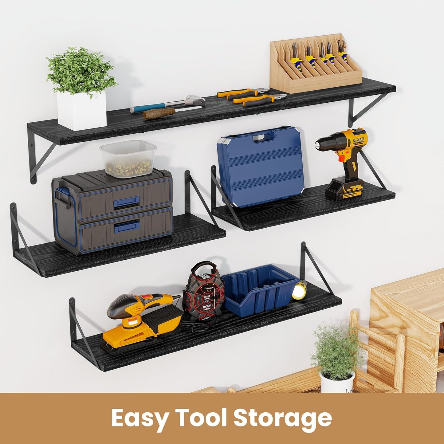 Heimlove 48 Inch Large Floating Bookshelves Set of 3,Black Wall Mounted Bookshelves,Heavy Duty Wooden Shelves for Living Room,Bedroom,Kitchen,Laundry Room Storage & Decor