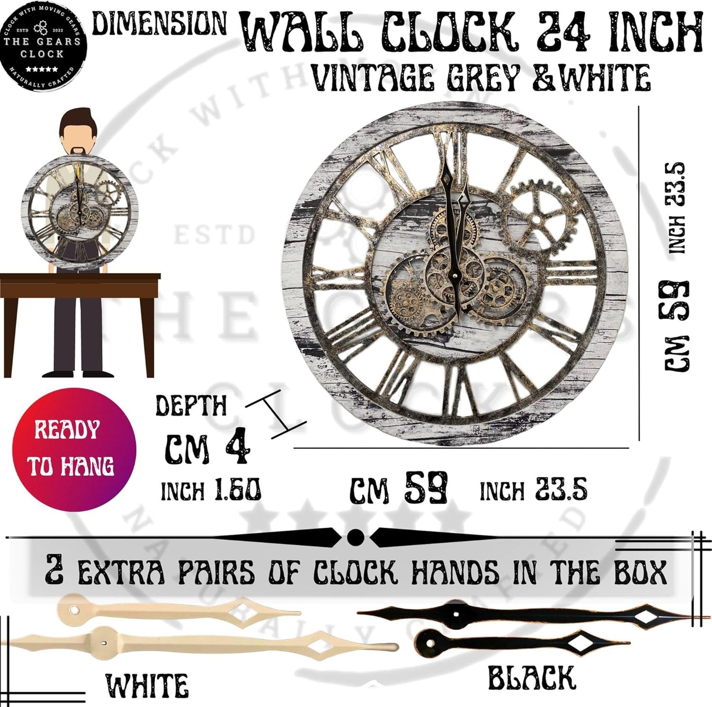 The Gears Clock The Original Real Moving Gear Wall Clock Vintage Industrial Oversized Rustic Farmhouse (24 inch (60cm), Vintage Grey and White)