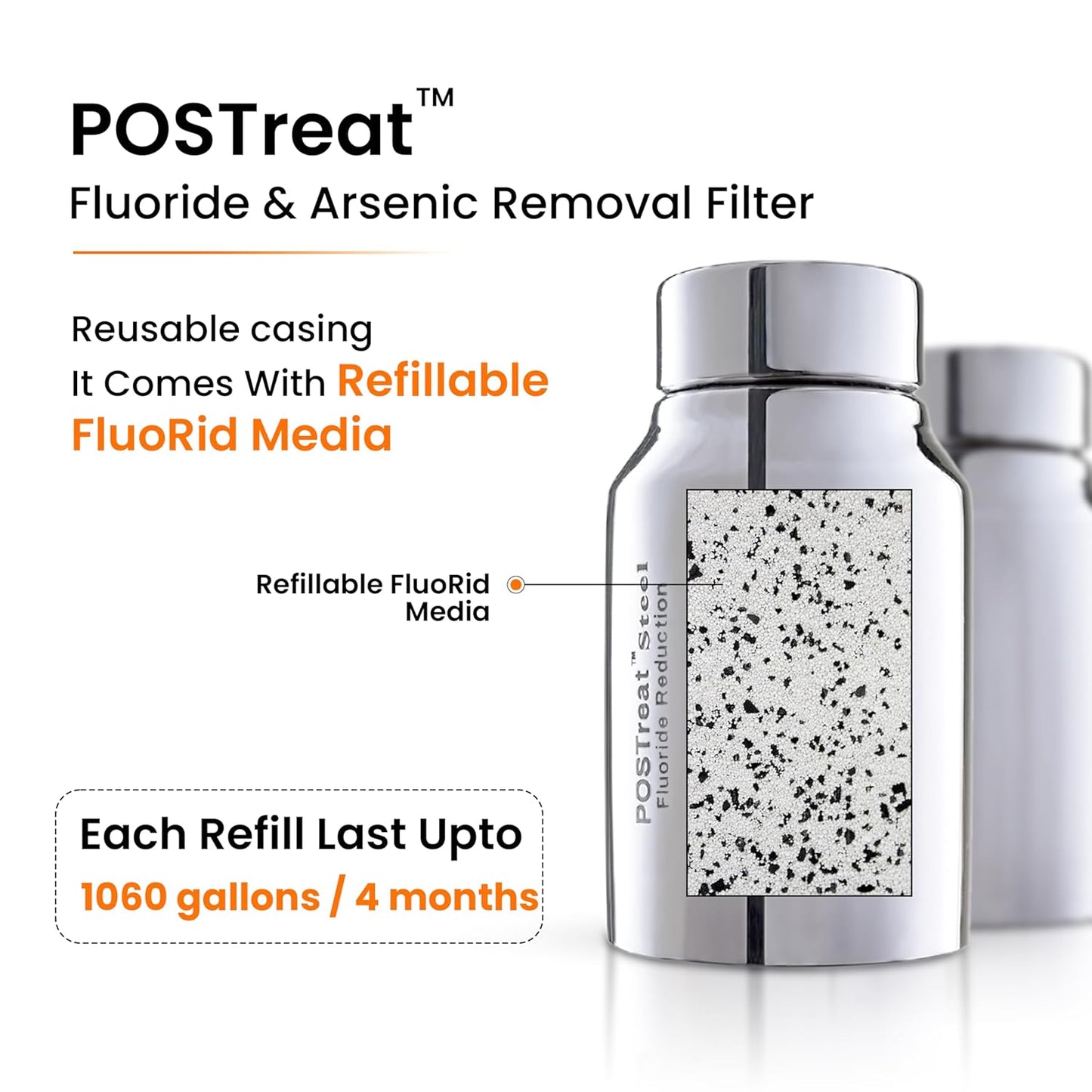 1.5 Gallons NSF Certified AISI 304 Stainless Steel Water Filter with 2 Smart Carbon (Black) Filters, 2 POSTreat Steel Fluoride Removal Elements & Free Stainless Steel Spigot