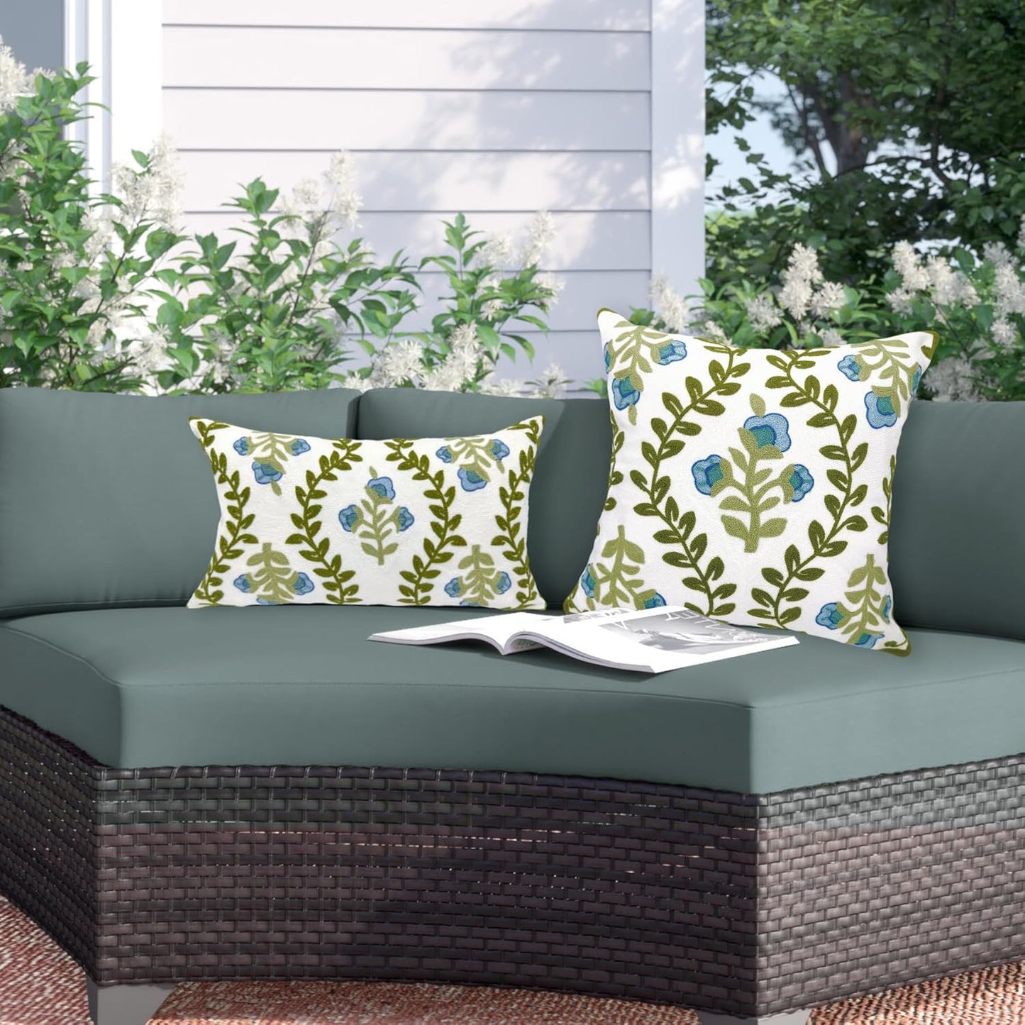 Alysheer Floral Embroidered Summer Decorative Throw Pillow Covers 18"x 18" Set of 2, Farmhouse Blue Flowers Green Vines Patterned Cotton Cushion Cases for Couch Bed Living Room Cottage Decor
