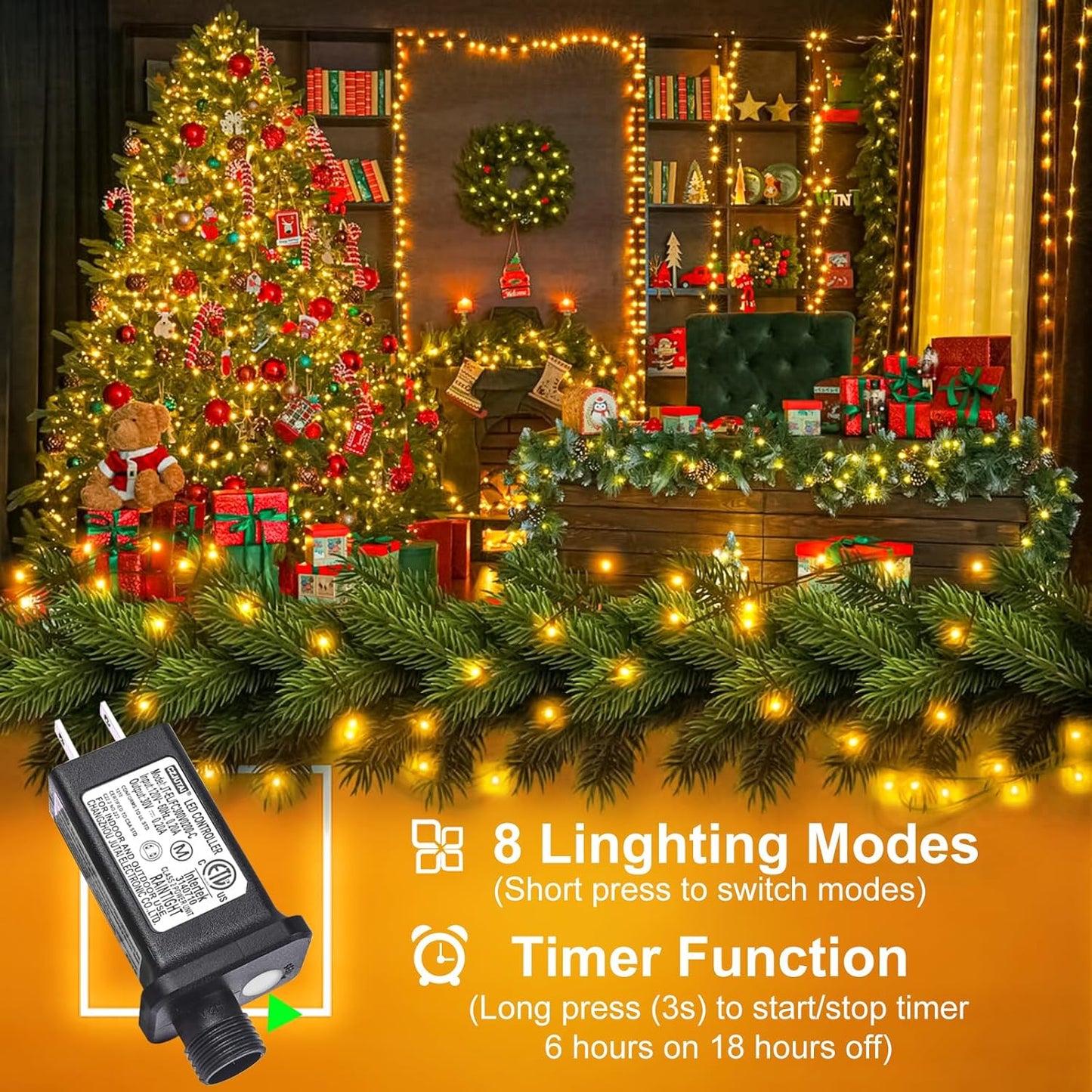 100FT 300 LED Christmas Lights, Warm White Christmas Tree Lights with 8 Modes Waterproof, Connectable Green Wire Outdoor String Lights for Indoor Patio Garden Xmas Party Decorations