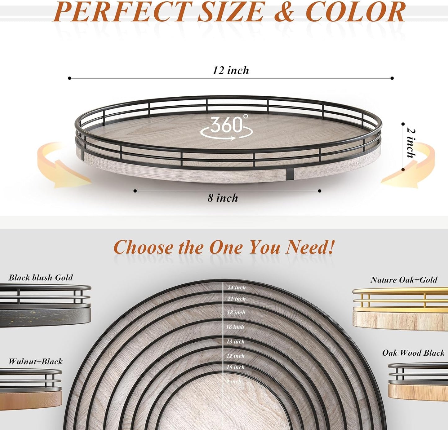 12" Farmhouse Lazy Susan for Kitchen & Coffee Table Decor โ Rustic Wood Tray with Black Metal Frame, Decorative Centerpiece for Dining Room, Ottoman, Living Room, Serving or Vanity Use