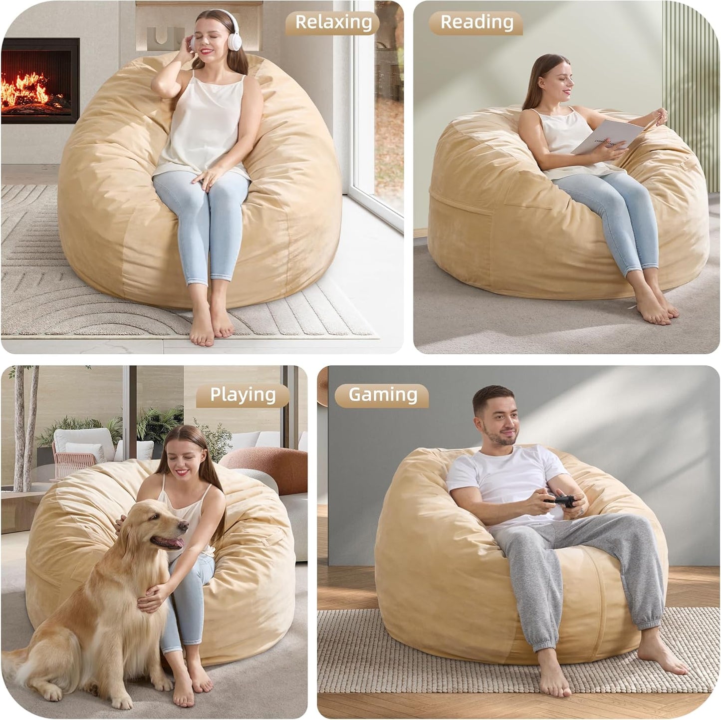 Hobestluk 4FT Bean Bag Chair Giant Bean Bag Chairs for Adults Large Bean Chairs with Removable Cover, Beanbag Chair with Filler, Adult Bean Bag Chairs for Living Room, Bedroom