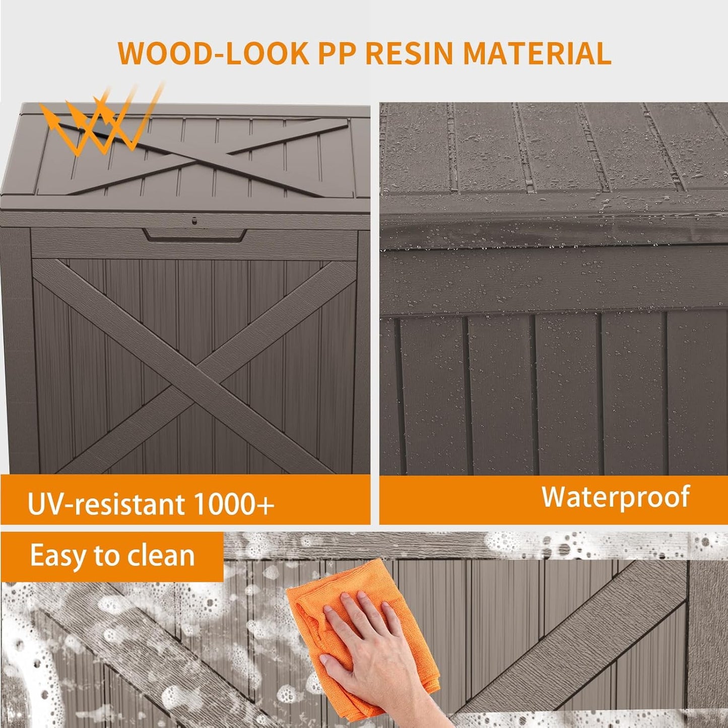 32 Gallon Outdoor Deck Box,Storage Lockable Waterproof Patio Furniture,Garden Tools,Cushions,Pool Accessories Outside Storage Resin Box(Light Brown)