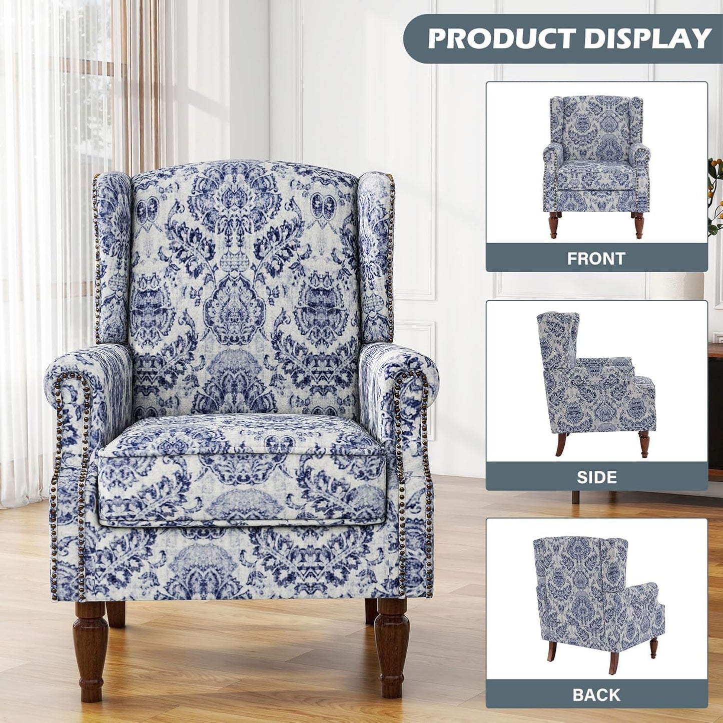 UIXE High Back Floral Accent Chair, Fabric Upholstered Armchair for Living Room, Retro Wingback Arm Chair with Solid Wood Legs, Nailhead Trim Single Sofa Bedroom Reading Seat - Navy Blue