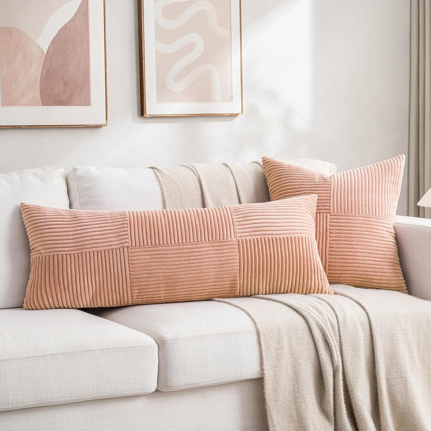 Fancy Homi 2 Packs Peach Decorative Throw Pillow Covers 18x18 Inch for Living Room Couch Bed Sofa, Rustic Boho Farmhouse Home Decor, Soft Corss Corduroy Patchwork Textured Square Cushion Case 45x45 cm