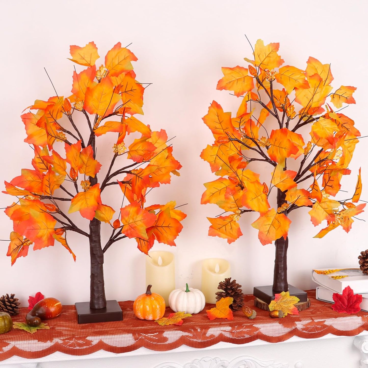 2 Pack 24 Inch Prelit Fall Maple Tree Fall Decor with 48 LEDs Timer Battery Operated Artificial Fall Light Up Tree Maple Acorn for Fall Thanksgiving Decorations Table Home Office Indoor Autumn Harvest