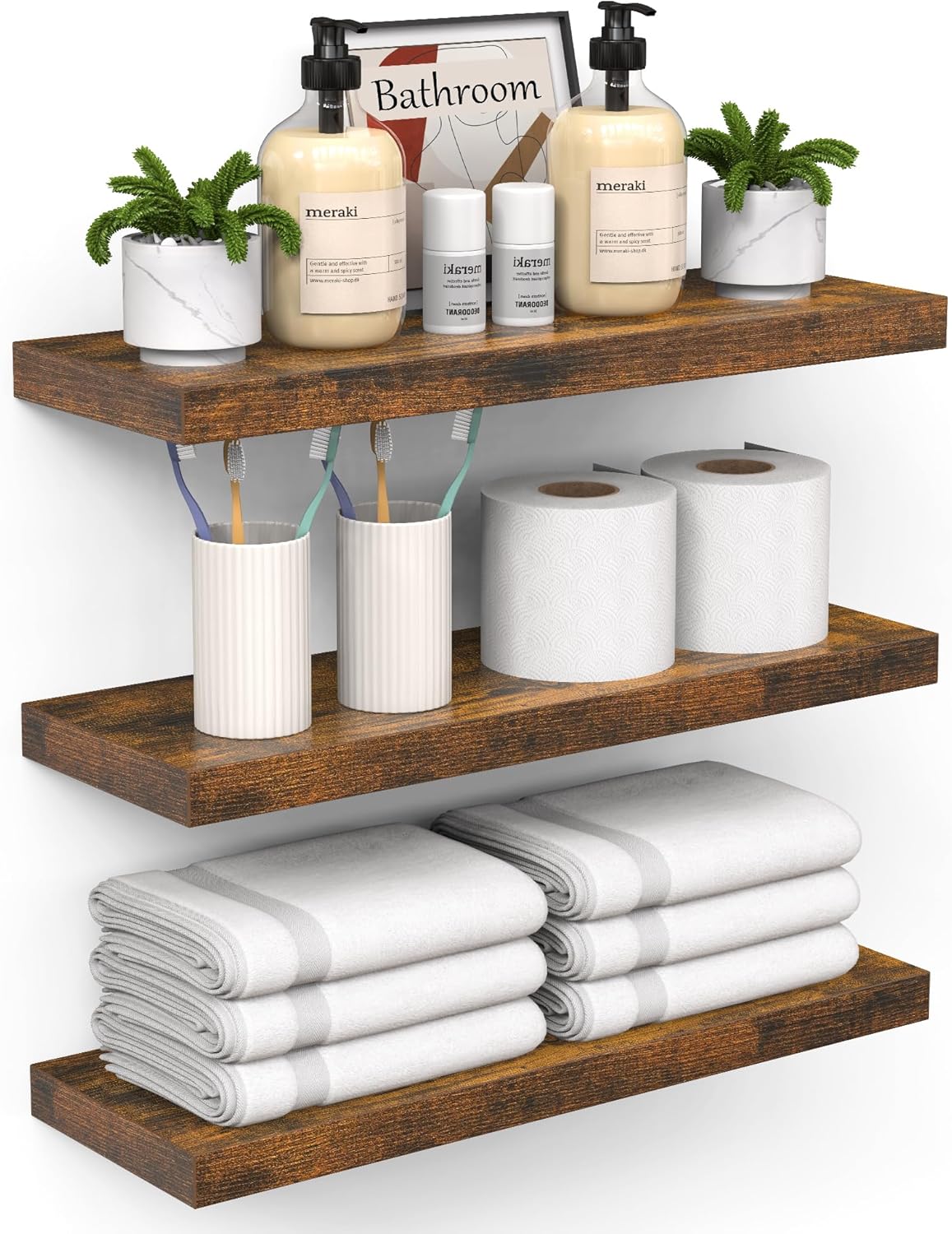 BAYKA Bathroom Floating Shelves for Wall – Bathroom Shelf Over Toilet Farmhouse Rustic Wood for Bedroom, Kitchen, or Living Room Decor – Rustic Brown, Set of 3, Sturdy Storage with 22lb Capacity