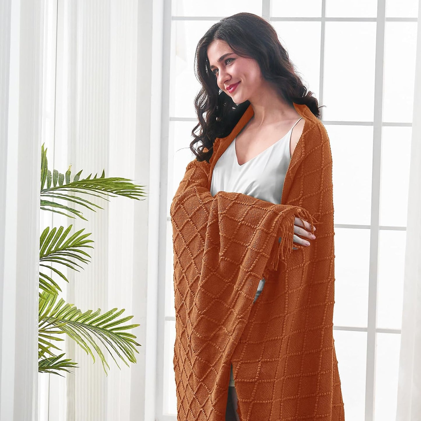 inhand Knitted Throw Blankets for Couch and Bed, Soft Cozy Knit Blanket with Tassel, Orange Rust Lightweight Decorative Blankets and Throws, Farmhouse Warm Woven Blanket for Men and Women, 60"x80"