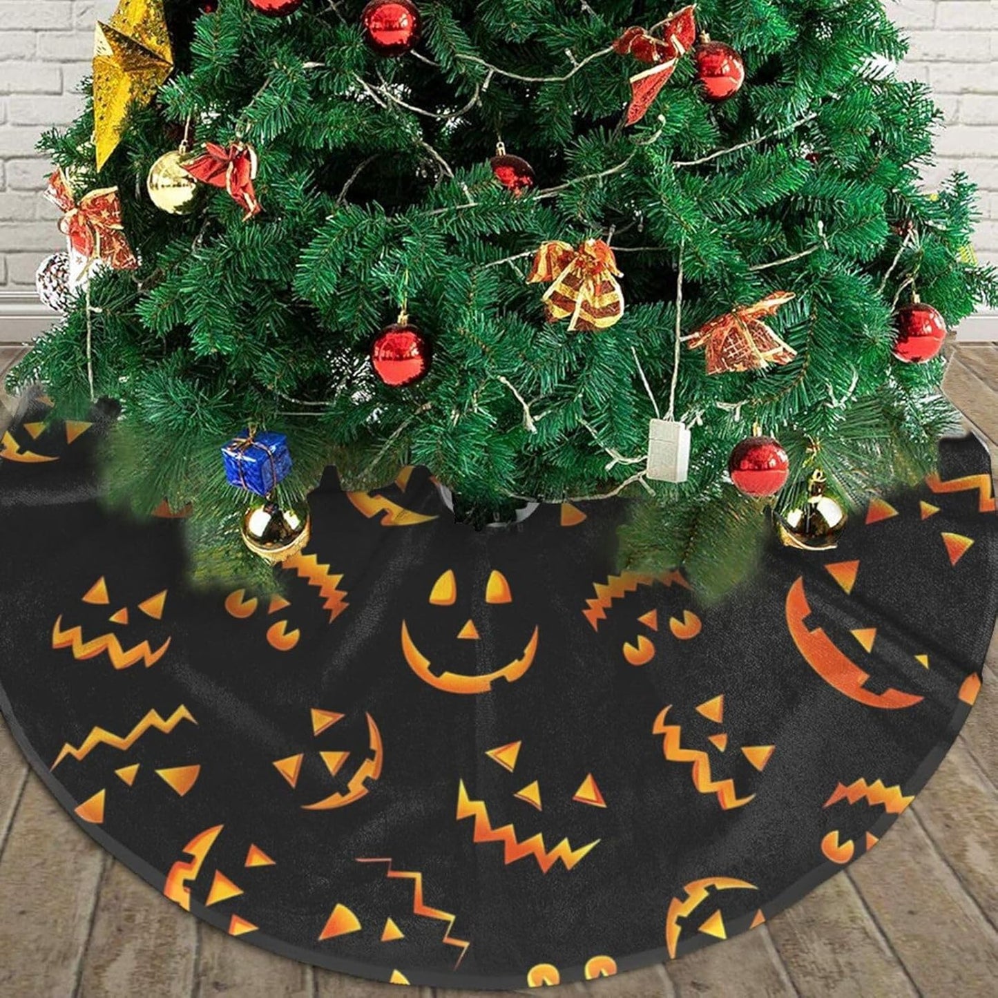 Christmas Tree Skirt,Jack O Lantern Pumpkin Smiles Xmas Tree Skirt Rustic Farmhouse Tree Skirt for Christmas Decor Xmas Holiday Home Party Decorations30