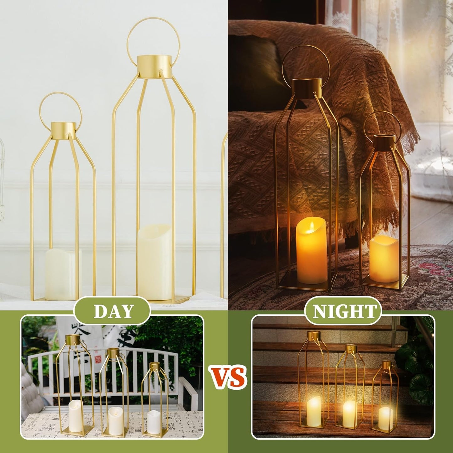 HPC DECOR Modern Farmhouse Lantern Decor- 22''19''16''Tall Large Gold Metal Candle Lanterns for Home Decor-Lanterns Decorative w/Timer Flickering Candles for Living Room,Outdoor,Fireplace Mantle Decor