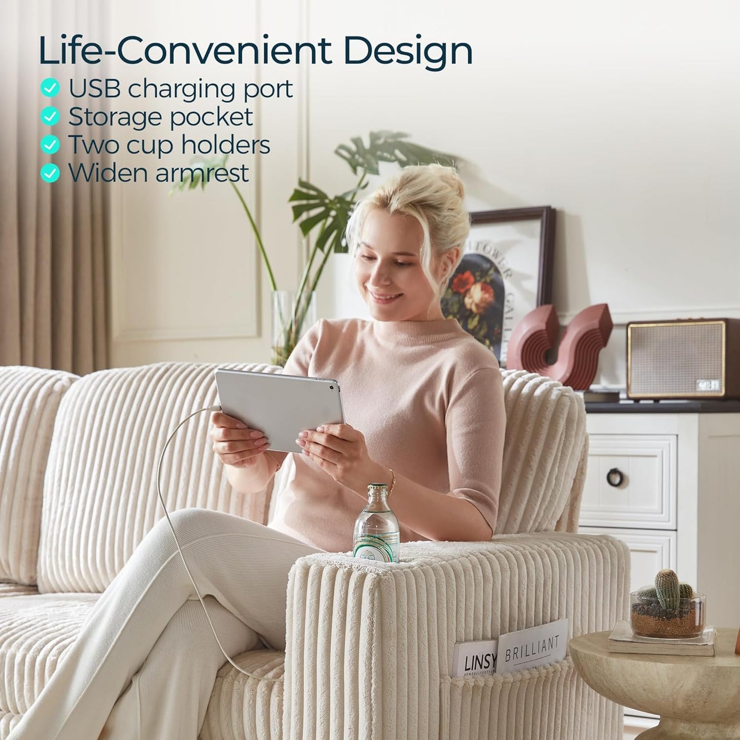 LINSY HOME Sectional Sleeper Sofa with Pull Out Couch Bed - Convertible Plush Corduroy Cloud Couches with Storage Chaise & USB Charging, Comfy Modular Couch for Living Room, Beige