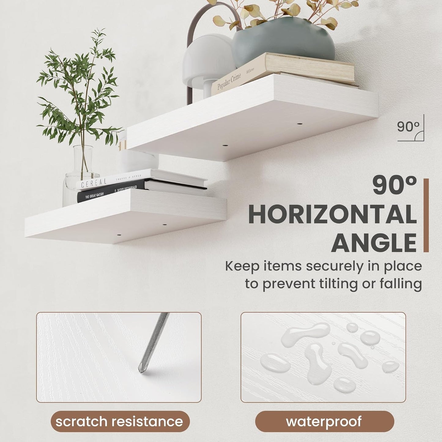 36 Inch Floating Shelves, 8 Inch Deep Floating Shelves for Wall, Hanging Shelf with Invisible Brackets, Deep Shelves for Bathroom, Bedroom, Living Room, White, Set of 2