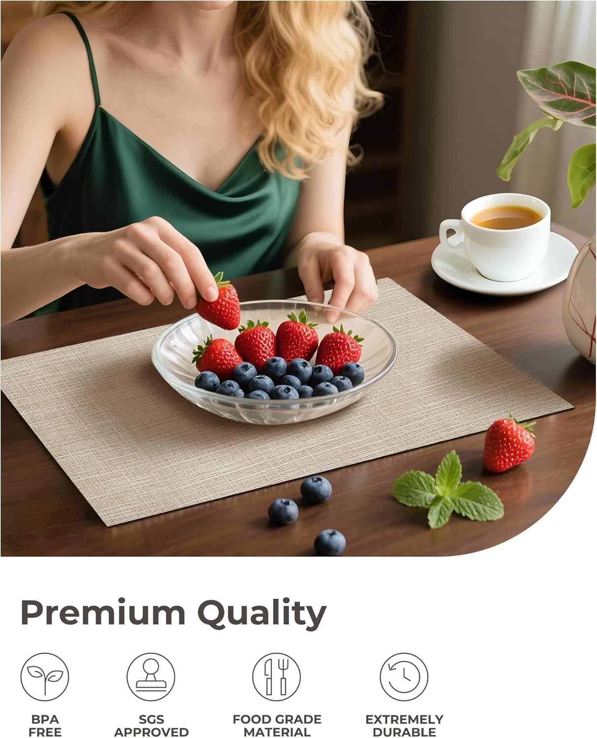 Leetaltree Beige Placemats Set of 8 - Heat Resistant Non-Slip Place mats for Dining Table, Washable Durable PVC Vinyl Woven Table Mats(Beige, 8)