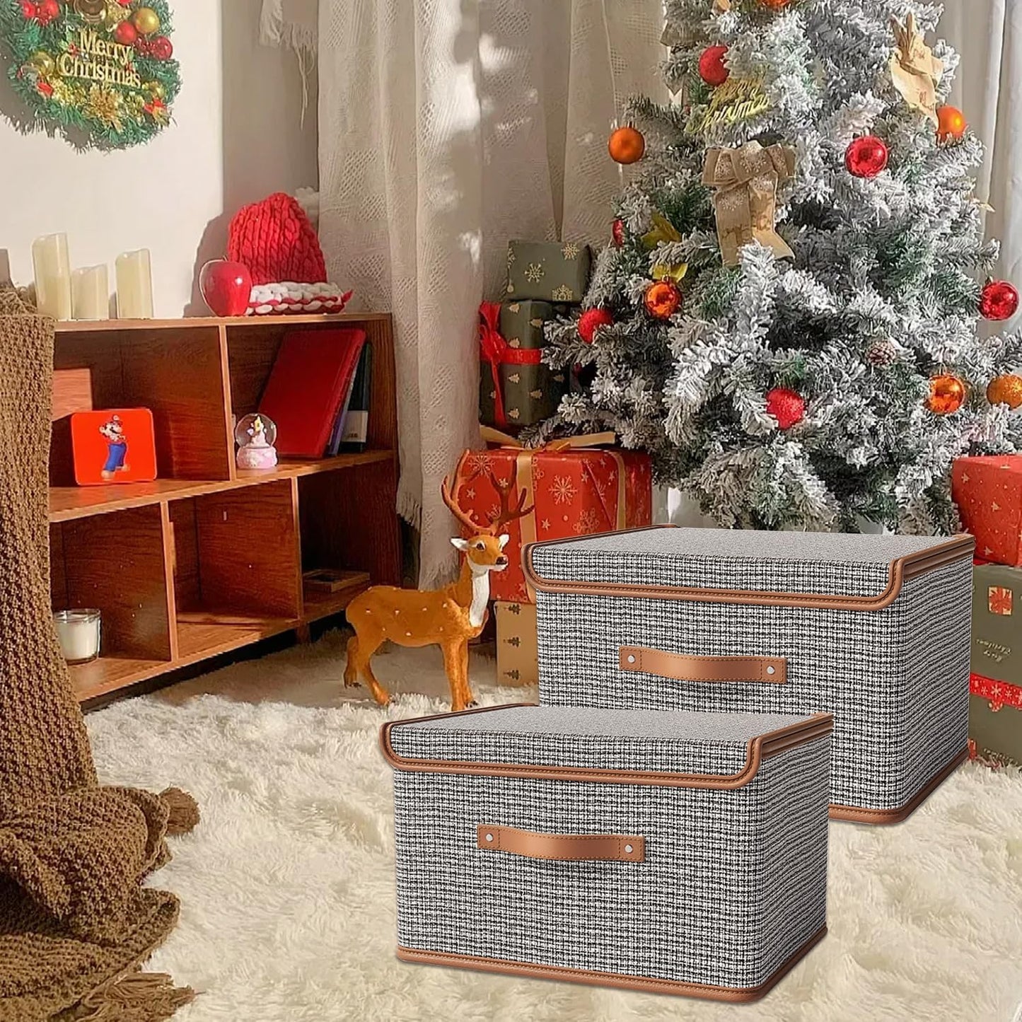 Tuza 2 Pack Storage Bins with Lids, Collapsible Closet Organizer Container, Fabric Organizer Box with Handles, Decorative Storage Boxes with Lids for Organizing Clothes, Blanket, Light Grey, Medium